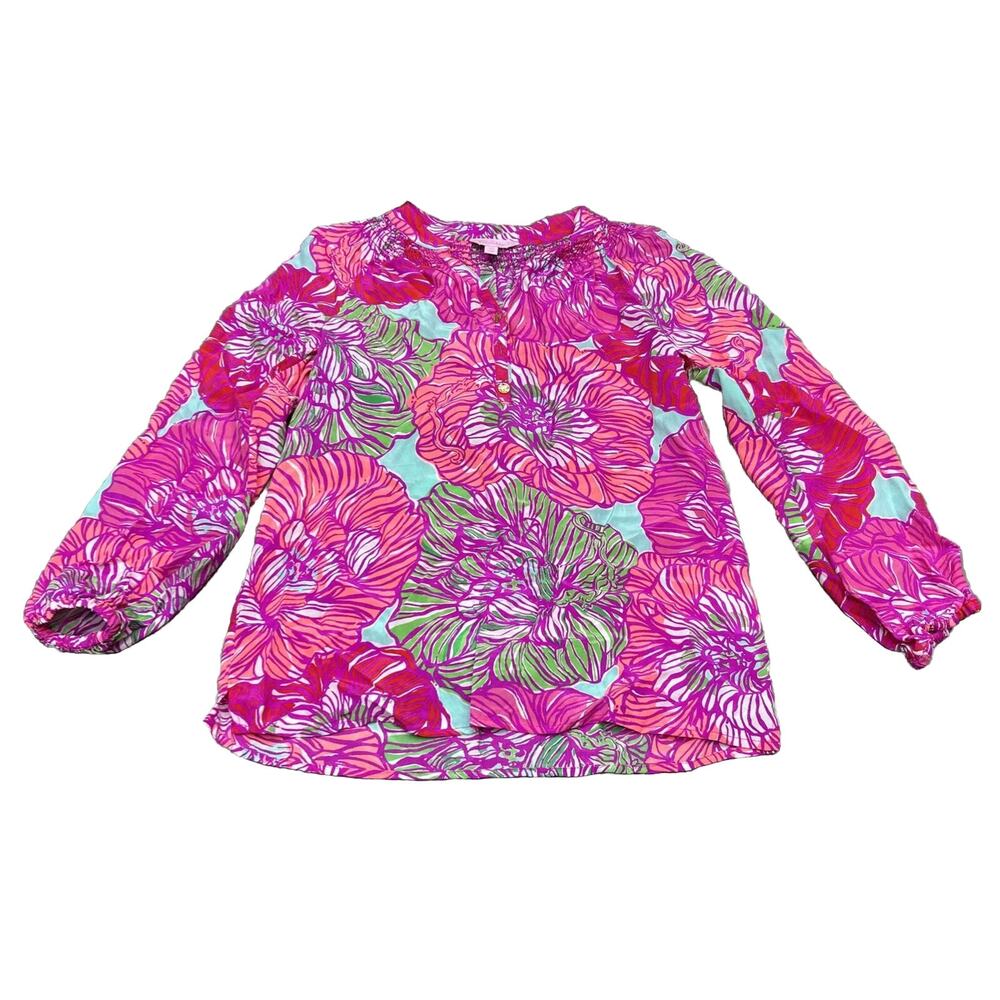 Lilly Pulitzer Womens XXS‎ Elsa Worth It 100% Silk Floral Pink Blouse Top